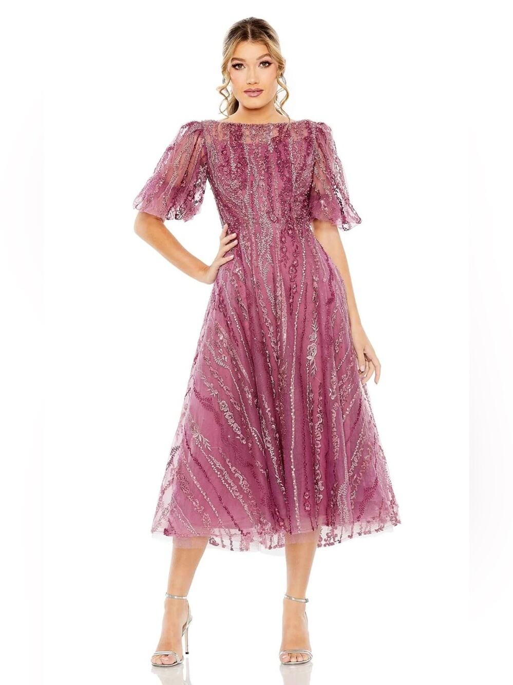 MAC DUGGAL High Neck Puff Sleeve Embellished A Line Dress Berry Size 18 20485
